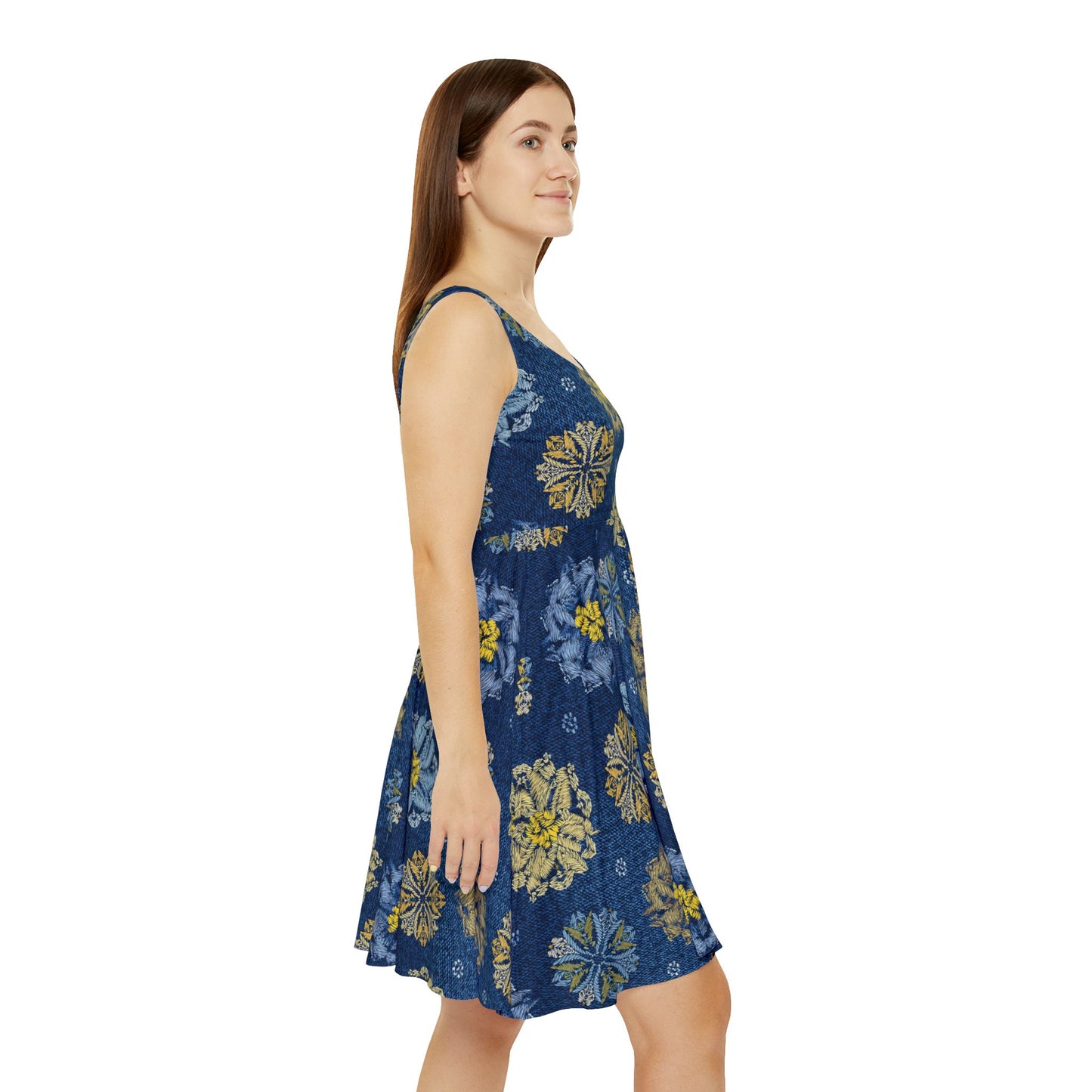 Women Denim Print Skater Dress, Denim Print Poly-Span Dress - 34
