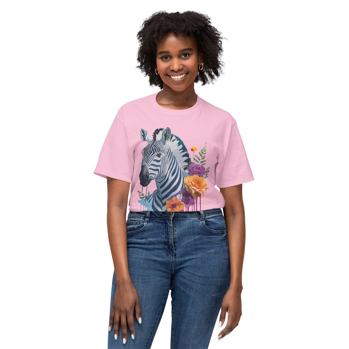 Unisex Zebra T Shirt With Floral Art Print Premium HD Cotton Jersey Tee Made In USA