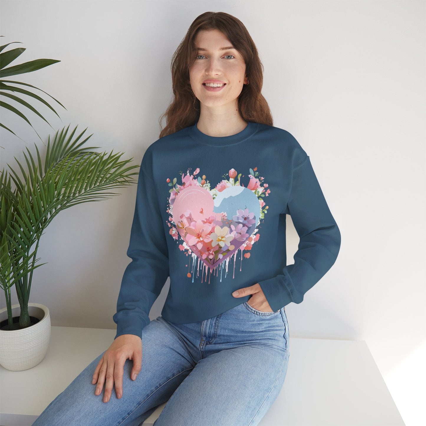 Floral Heart Sweatshirt Unisex Valentine Day Crewneck Gildan 18000 Heavy Blend Winter Wear