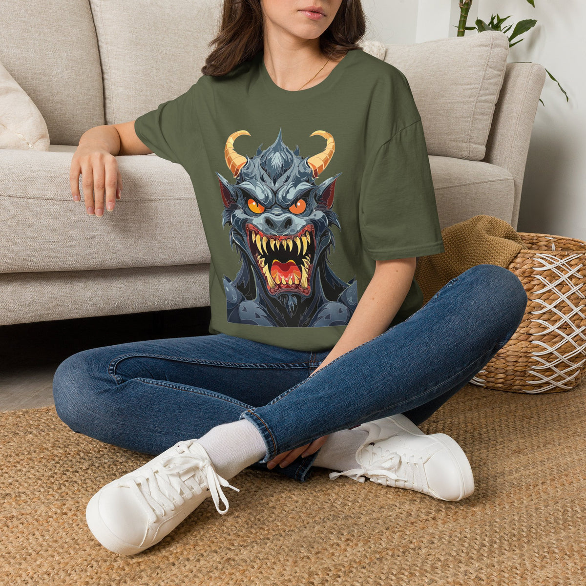 Demonic Monster Face T-Shirt — Fierce Horned Demon Cartoon Graphic Tee Unisex 100 Cotton Gildan T-Shirt