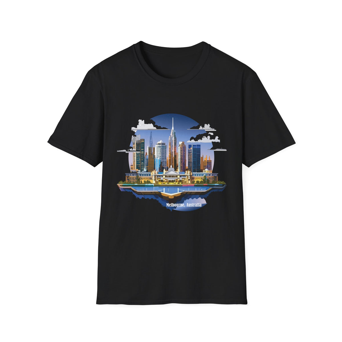 Melbourne Australia Cityscape Skyline T-Shirt — Modern Urban Skyline Graphic Design Unisex 100 Cotton Gildan T-Shirt