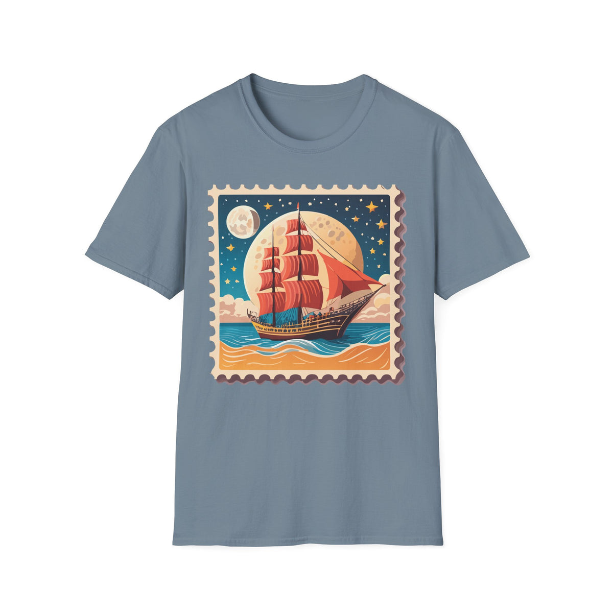 Vintage Sailing Ship Stamp T-Shirt | Retro Moonlit Ocean Illustration
