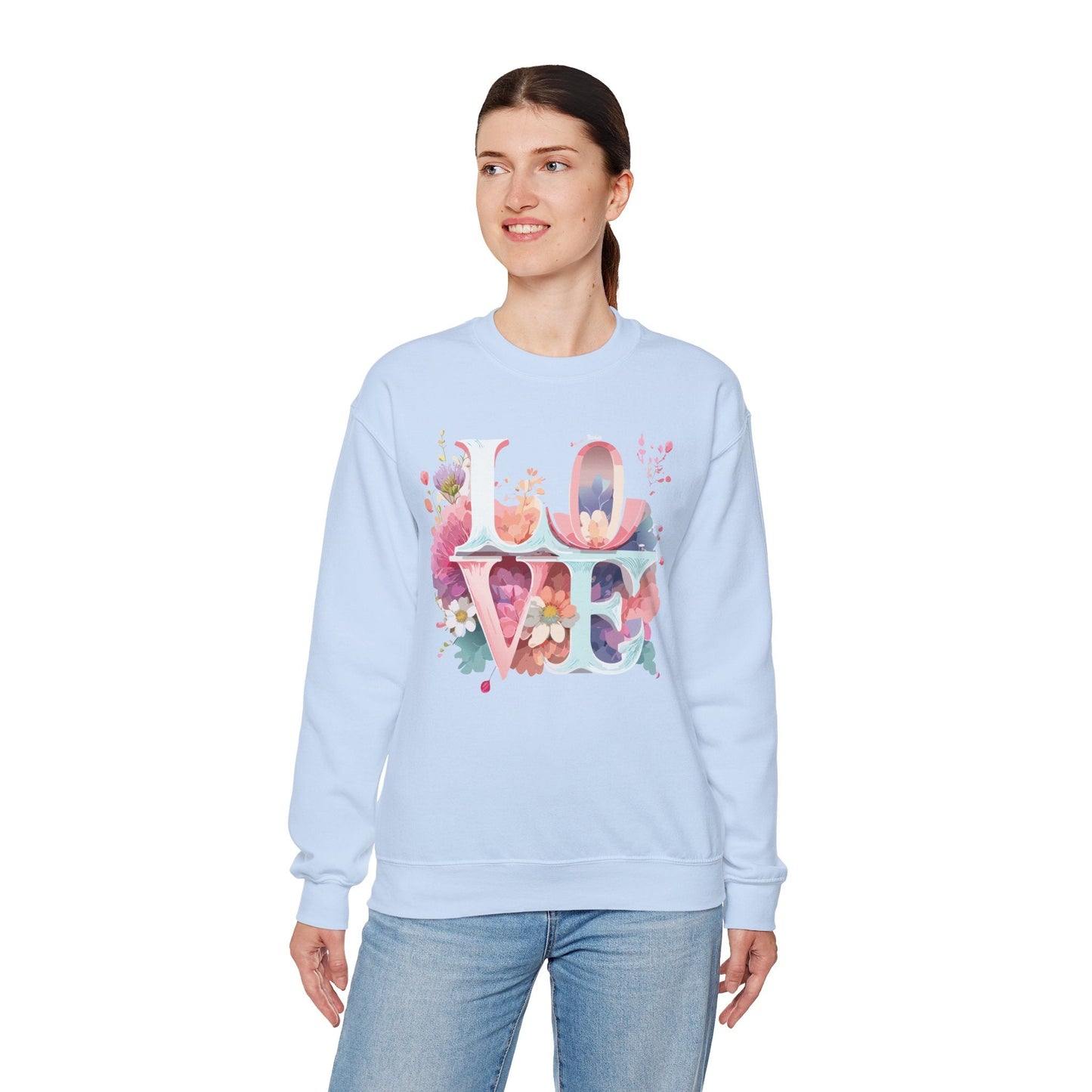Floral Love Sweatshirt Valentines Day Flower Print Unisex Crewneck Heavy Blend Cotton Polyester