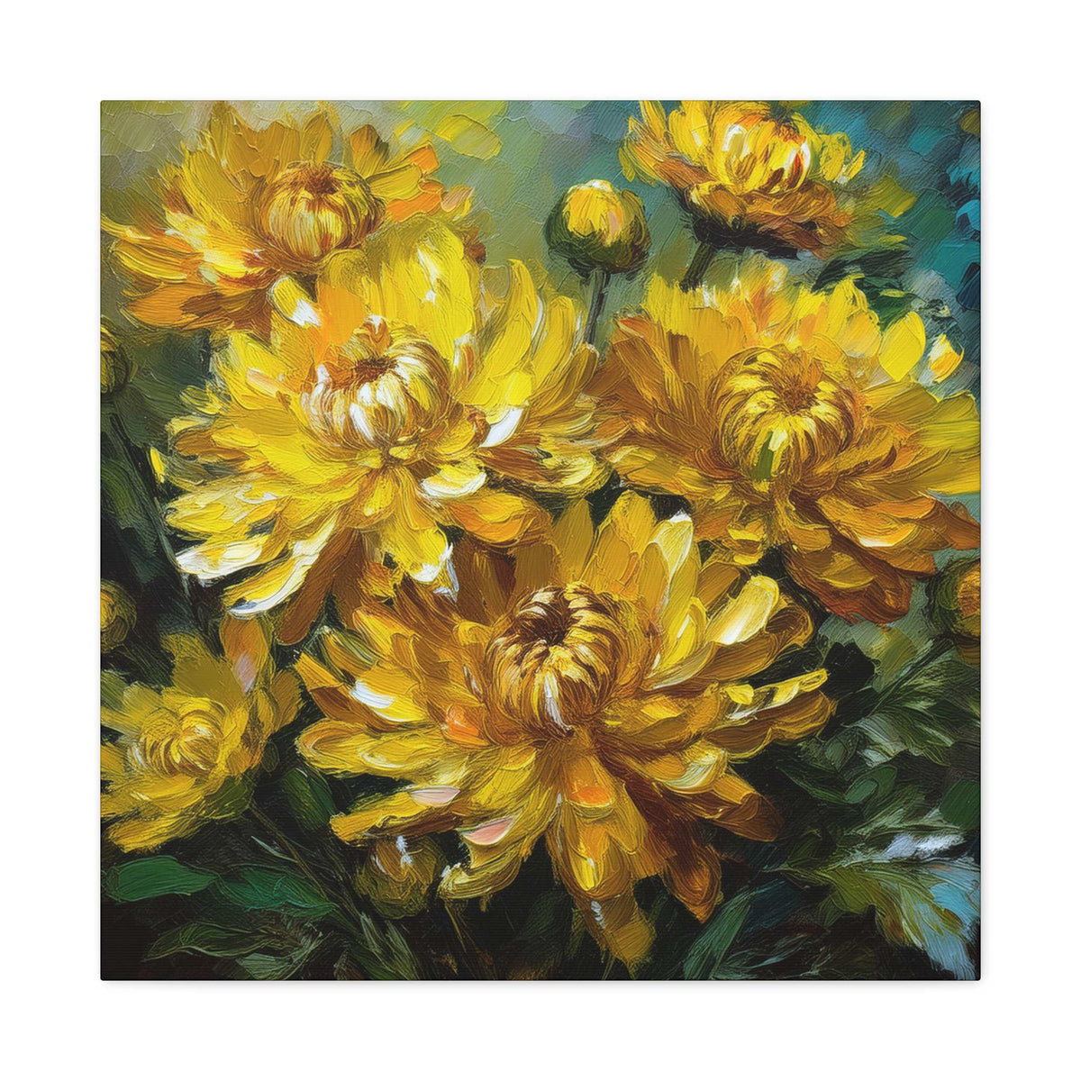 Chrysanthemums Print Canvas, Floral Oil Paint Print 20x20, 24x24, 30x30, 32x32, 36x36 Art Design Pine-Wood Inner Frame MC-162