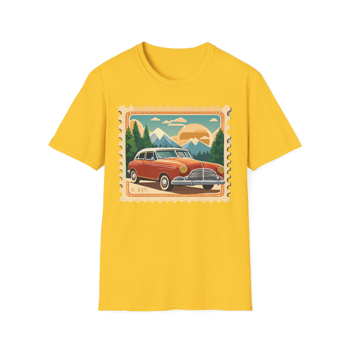 Vintage Road Trip Car T-Shirt | Retro Mountain Sunset Stamp Design