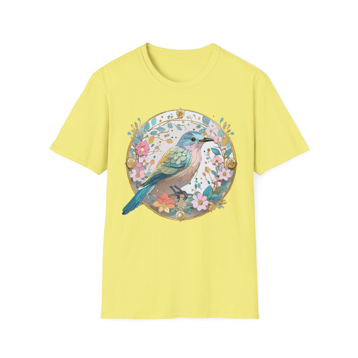 Floral Bird Illustration T-Shirt | Pastel Nature Circle Design