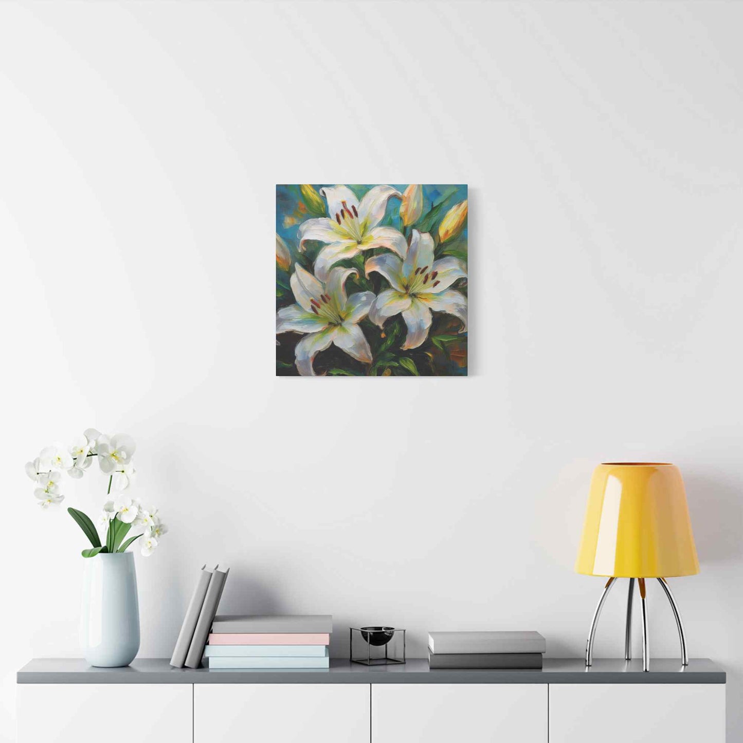 White Lilies Print Canvas, Floral Oil Paint Print 20x20, 24x24, 30x30, 32x32, 36x36 Art Design Pine-Wood Inner Frame MC-154