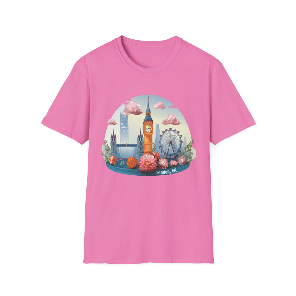 Whimsical London Skyline T-Shirt | Big Ben, London Eye, pastel clouds