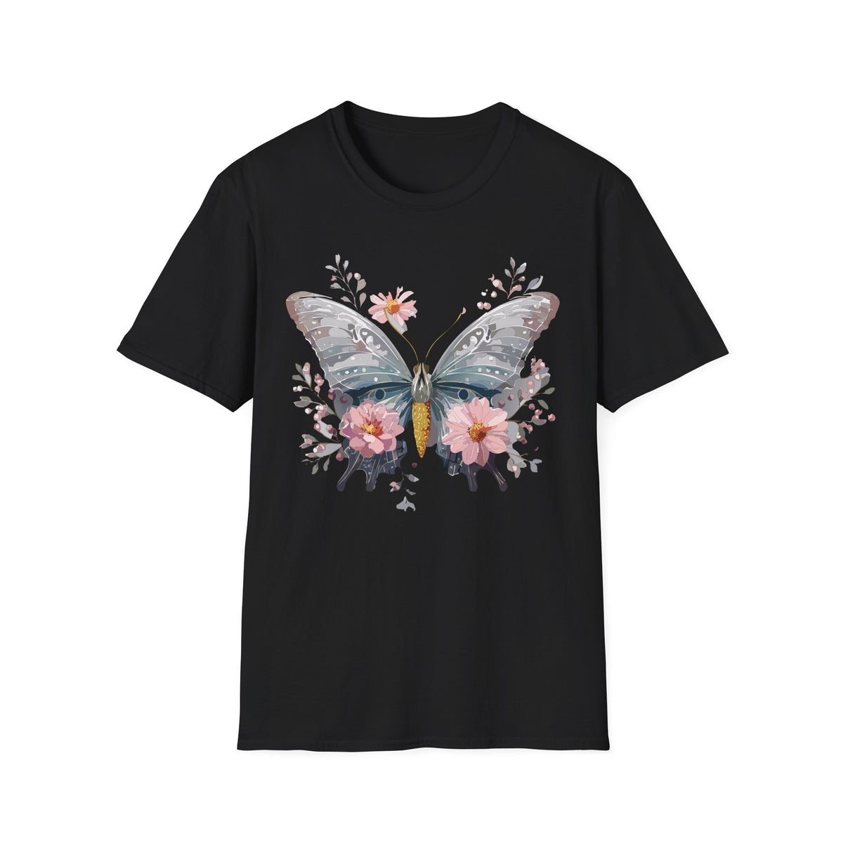 Butterfly Floral T‑Shirt — Watercolor Moth & Pink Flowers Graphic Tee Unisex 100 Cotton Gildan T-Shirt