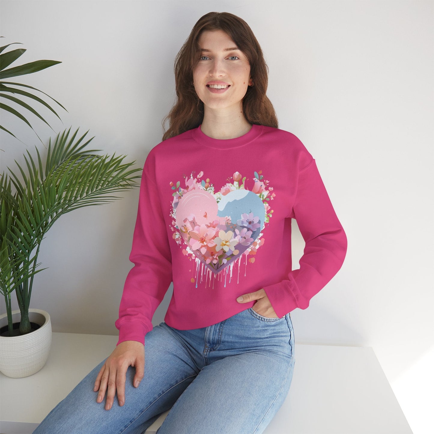 Floral Heart Sweatshirt Unisex Valentine Day Crewneck Gildan 18000 Heavy Blend Winter Wear