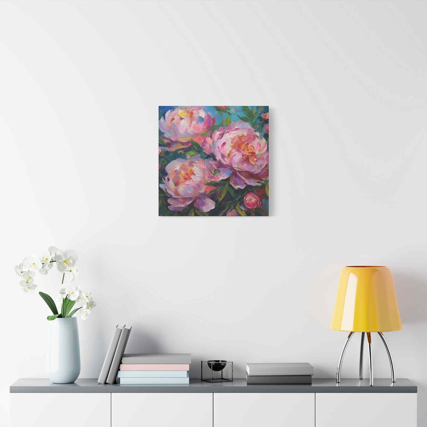 Pink Peonies Print Canvas, Floral Oil Paint Print 20x20, 24x24, 30x30, 32x32, 36x36 Art Design Pine-Wood Inner Frame MC-116