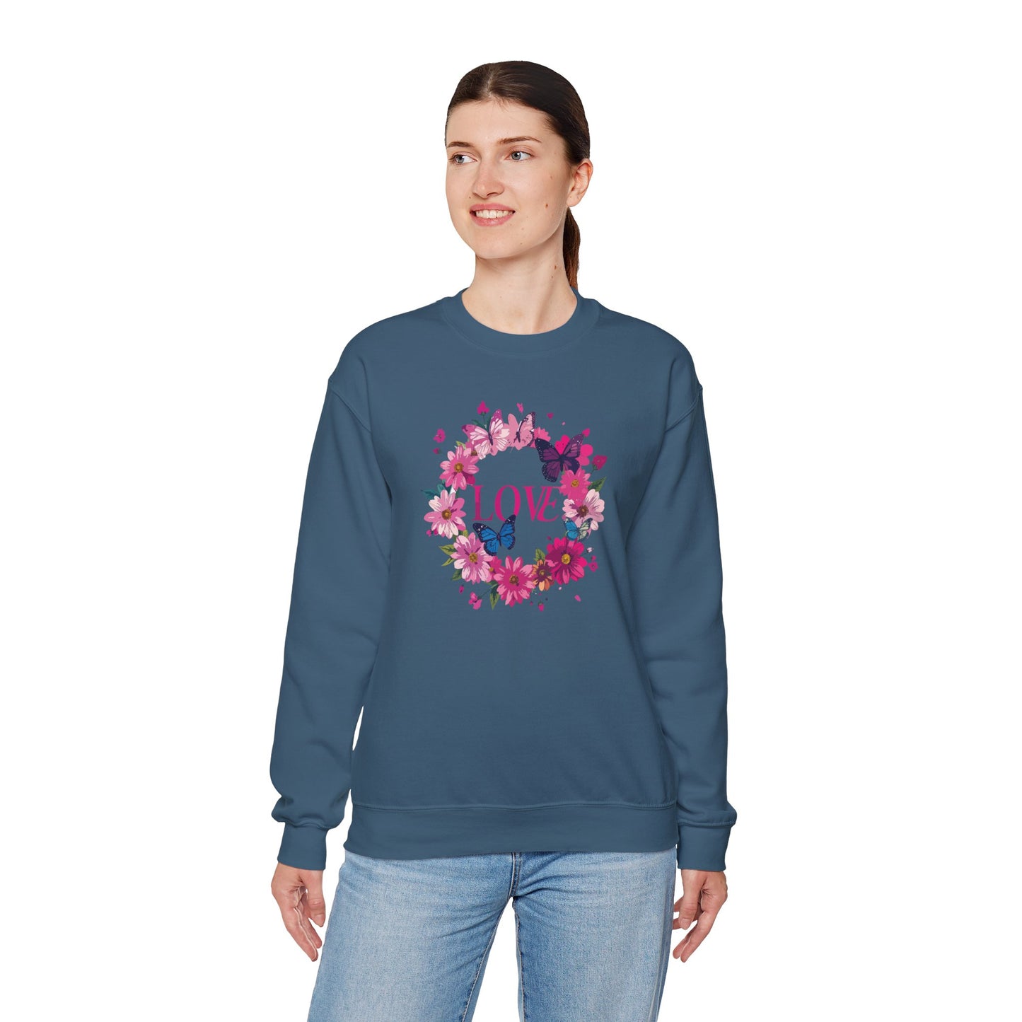 Unisex Floral Love Sweatshirt, Love Floral Sweatshirt, Floral Butterfly Sweatshirt, 50/50 Cotton-Poly Valentine's Day Sweatshirt 04