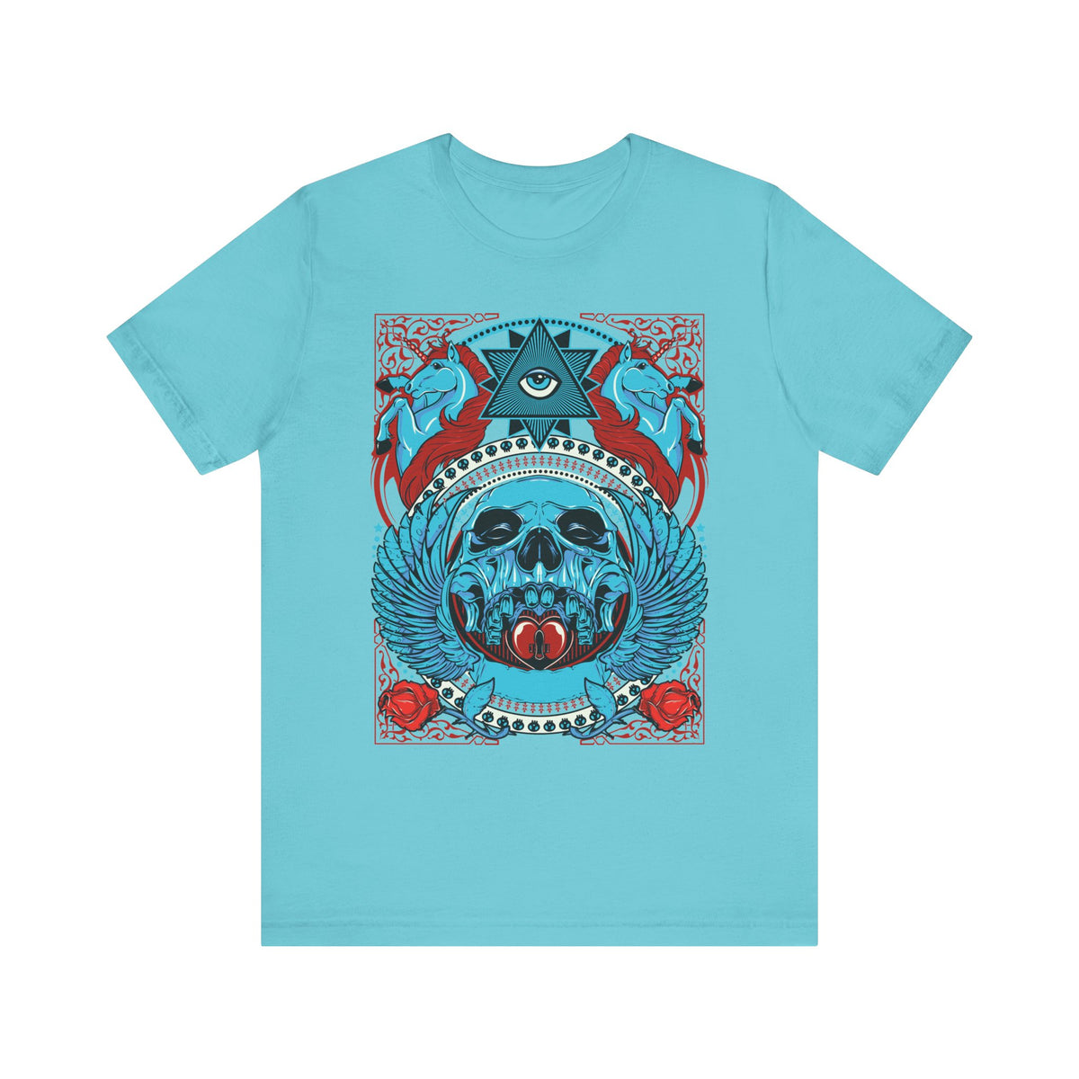 All-Seeing Skull Illustration Tee Winged Skull Third Eye Roses T-Shirt