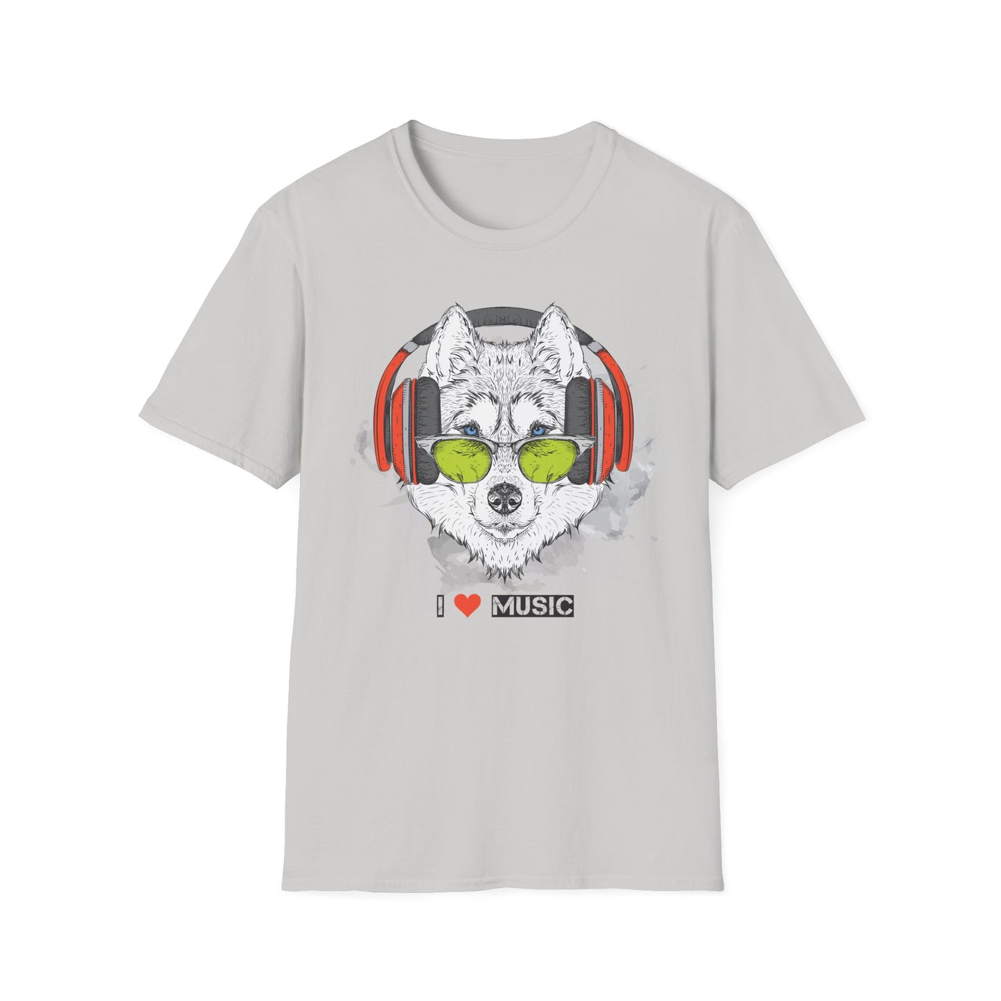 Wolf with Headphones T-Shirt Unisex Cotton Short Sleeves 'I  Music' Graphic Tee