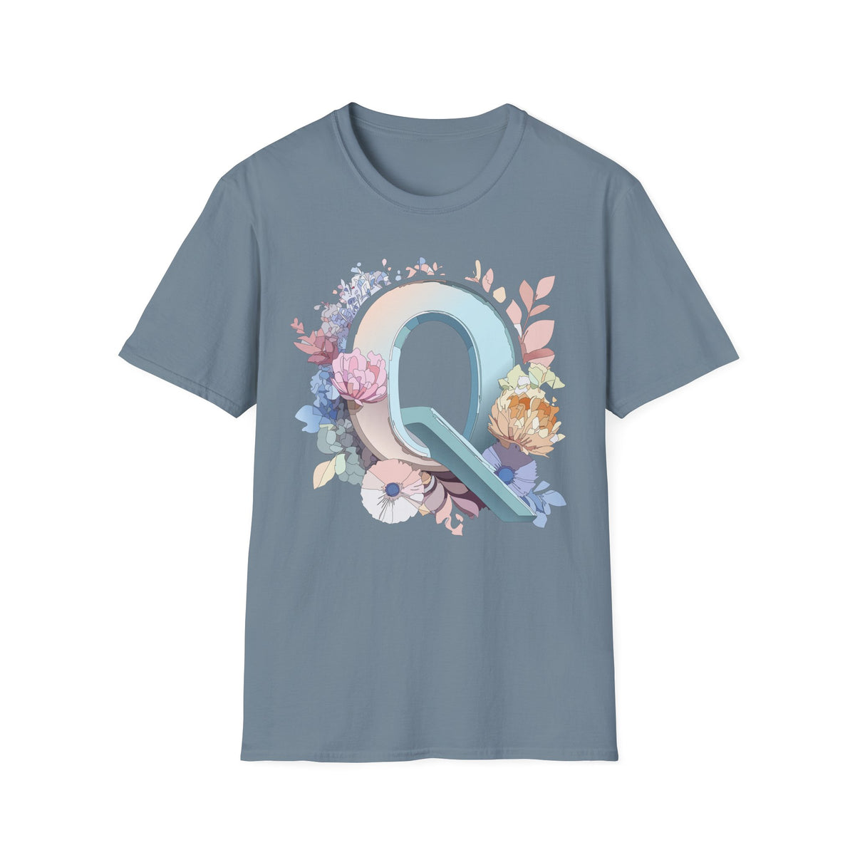 Floral Letter Q T-Shirt | Monogram Initial Tee, Pastel Botanical Alphabet