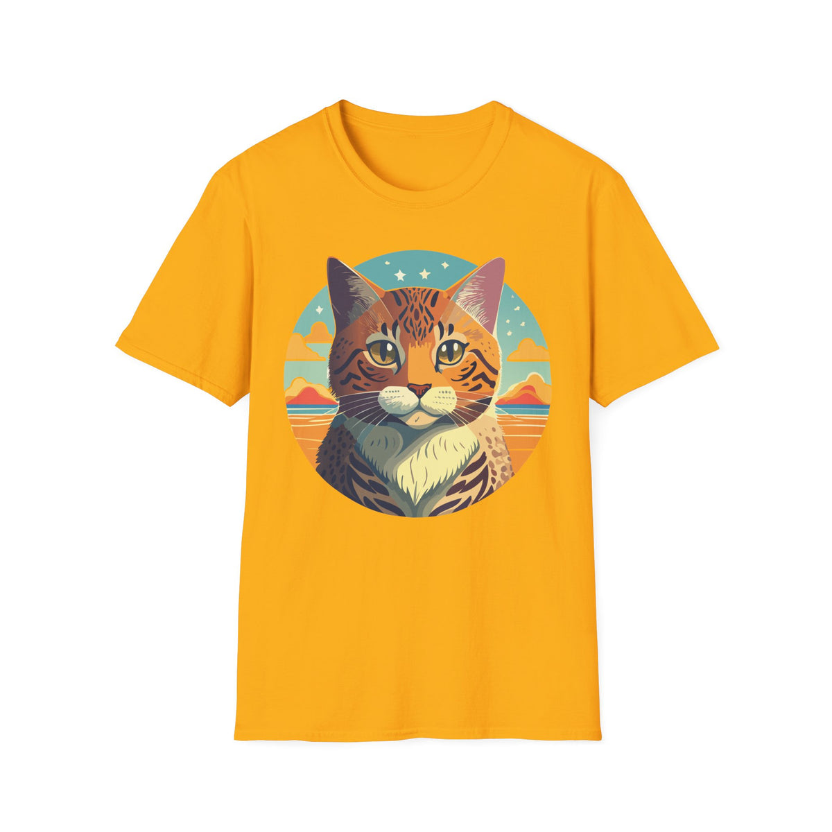 Retro Tabby Cat Illustration T-Shirt | Vintage Sunset Cat Tee