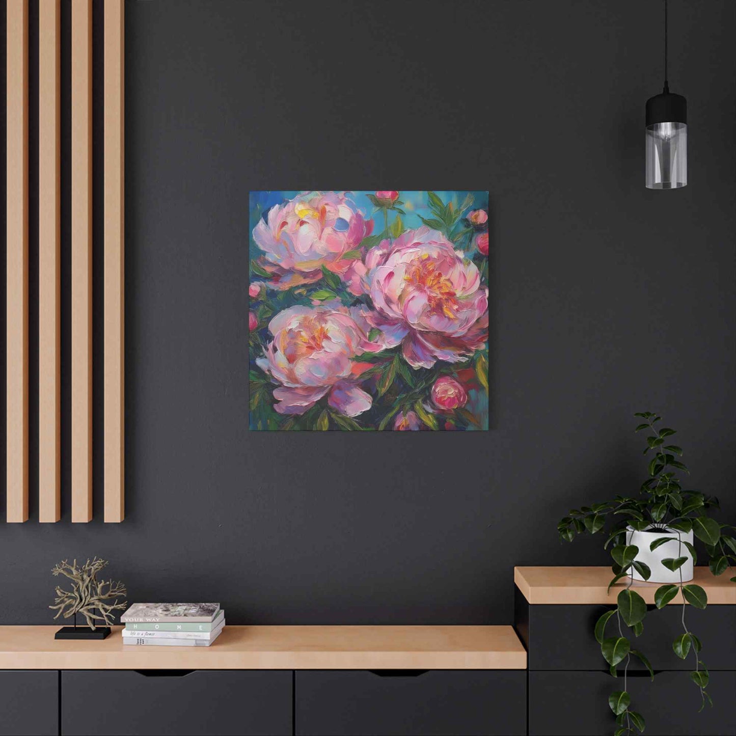 Pink Peonies Print Canvas, Floral Oil Paint Print 20x20, 24x24, 30x30, 32x32, 36x36 Art Design Pine-Wood Inner Frame MC-116