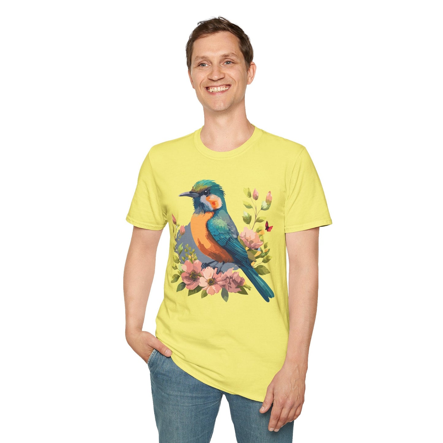 Floral Bird T Shirt Unisex Softstyle Tee 100 Percent Ring Spun Cotton Animal Print