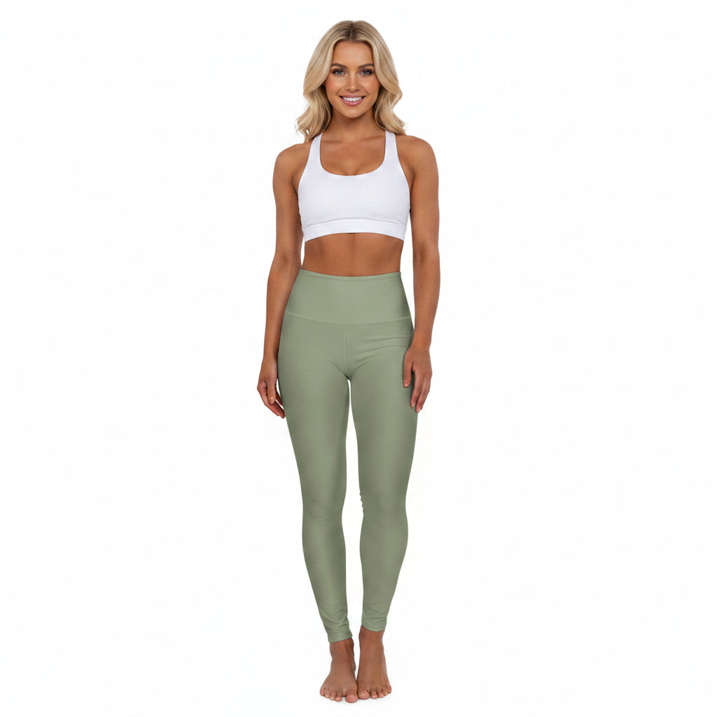 Dusty Sage Green Color High-Waist Yoga Leggings Women's Seamless Poly-Span Stretchy Pants XS-2XL