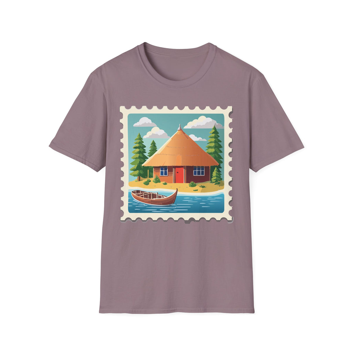 Cozy Lakeside Cottage Illustration T-Shirt | Retro Stamp Artwork
