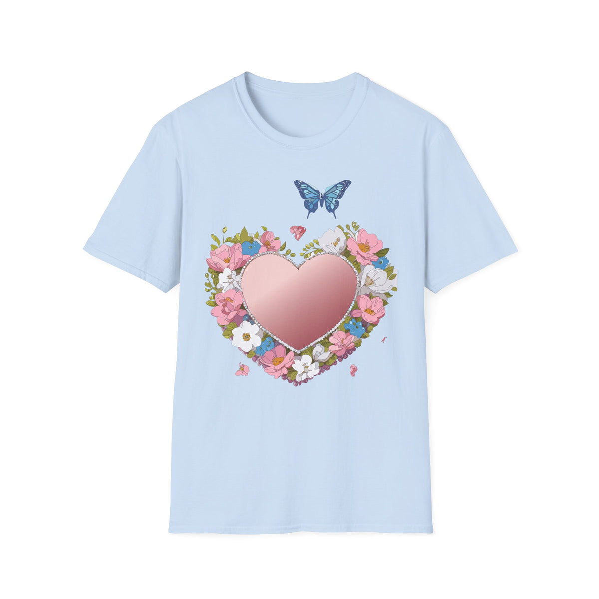 Floral Heart with Blue Butterfly T-Shirt | Pink Heart Floral Graphic Tee Unisex 100 Cotton Gildan T-Shirt
