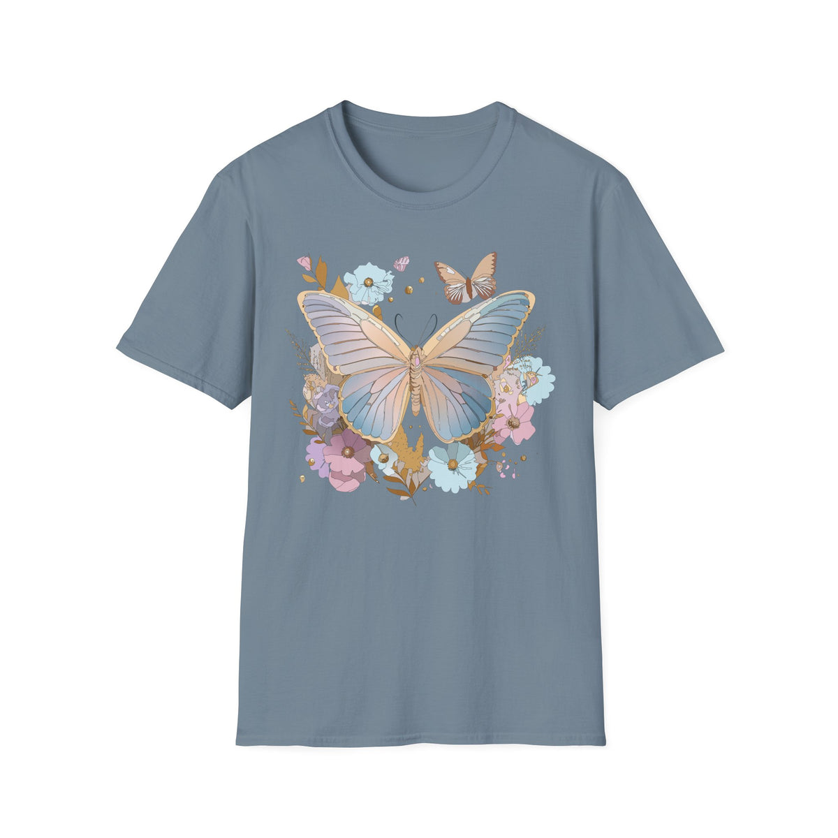 Butterfly Bloom T-Shirt — Pastel Floral Butterfly Graphic Design Unisex 100 Cotton Gildan T-Shirt