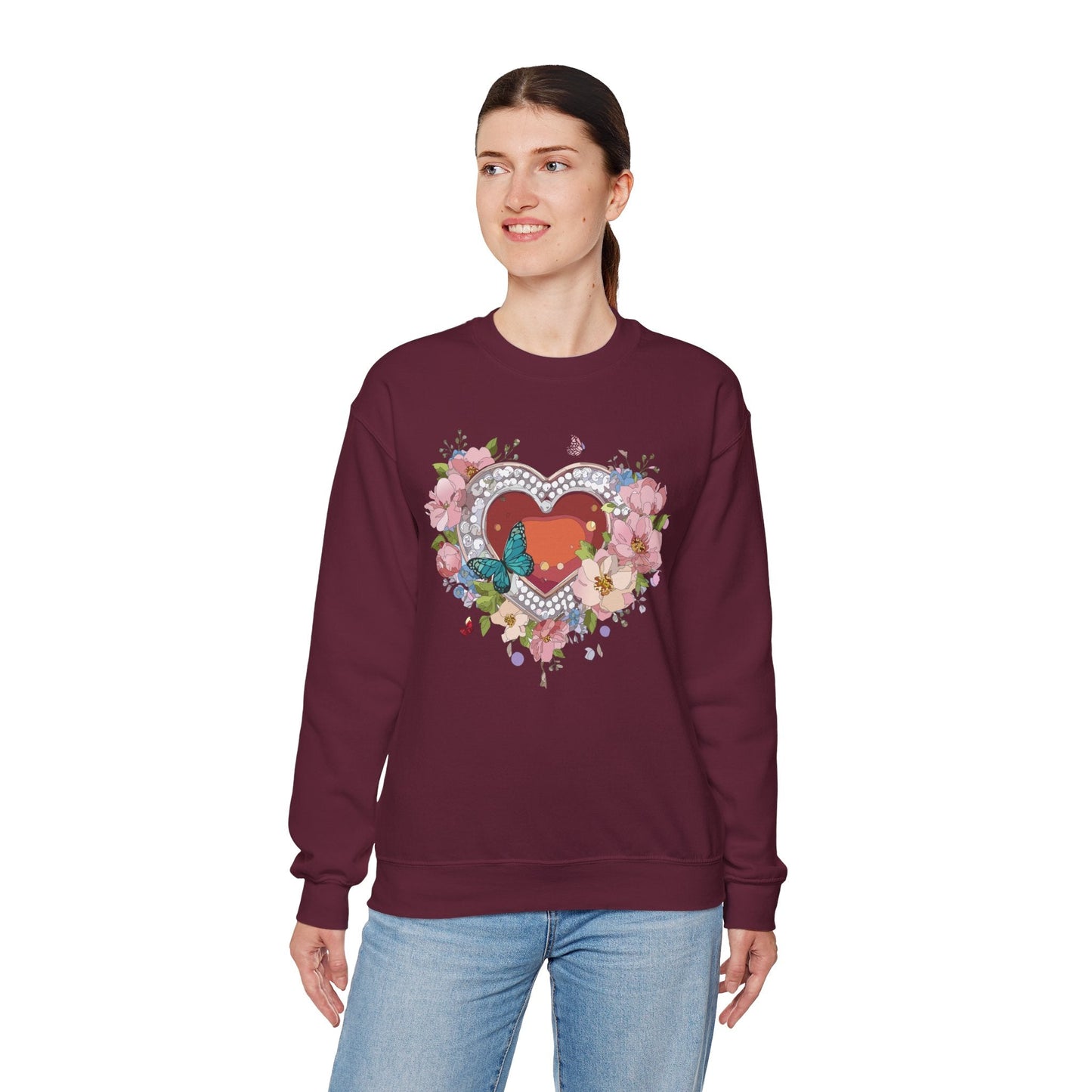 Floral Heart Sweatshirt Unisex Valentines Day Edition Gildan 18000 Heavy Blend Crewneck