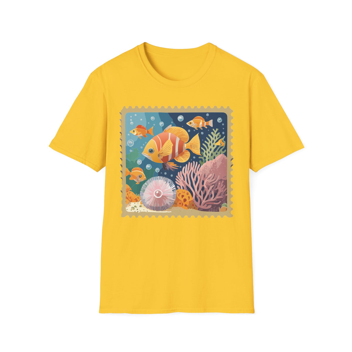 Tropical Clownfish Stamp Tee | Fish Reef Illustration Graphic Tee Unisex 100 Cotton Gildan T-Shirt
