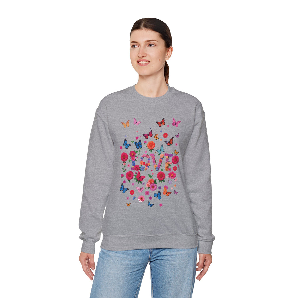 Unisex Floral Love Sweatshirt, Love Floral Sweatshirt, Floral Butterfly Sweatshirt, 50/50 Cotton-Poly Valentine's Day Sweatshirt 07