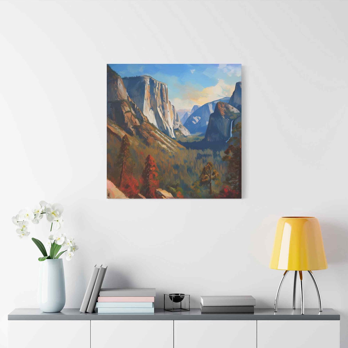 Yosemite valley Print Canvas, Oil Paint Print 20x20, 24x24, 30x30, 32x32, 36x36 Art Design Print Pine-Wood Inner Frame MC-59