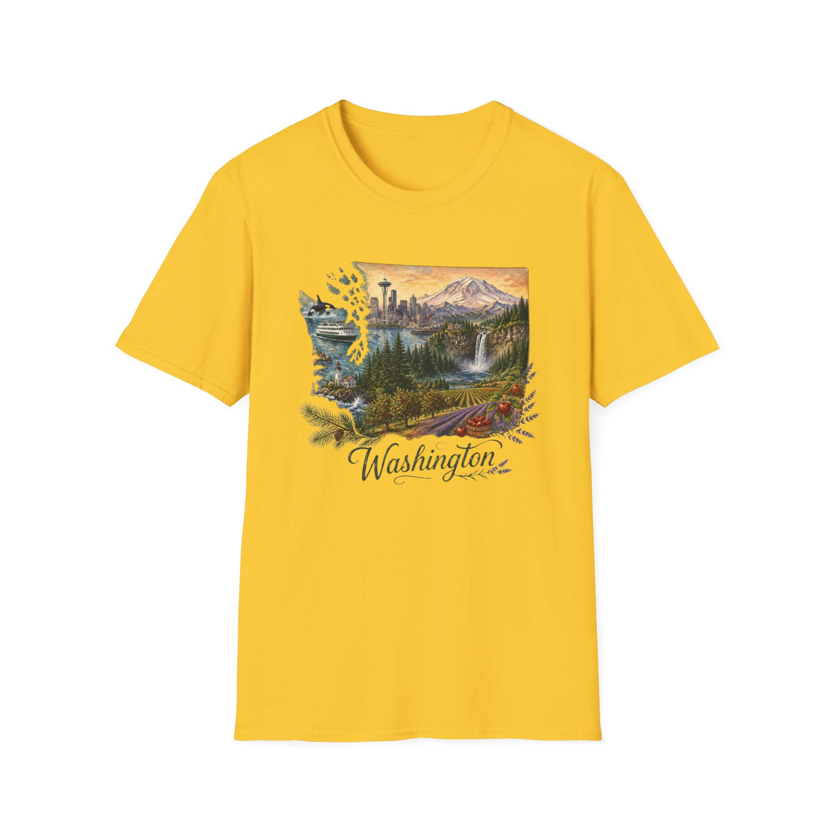 Washington Scenic T-Shirt — Vintage Mountain & Waterfall State Travel Tourist Graphic Design Unisex 100 Cotton Gildan T-Shirt