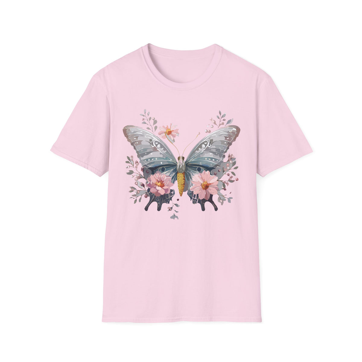 Butterfly Floral T‑Shirt — Watercolor Moth & Pink Flowers Graphic Tee Unisex 100 Cotton Gildan T-Shirt