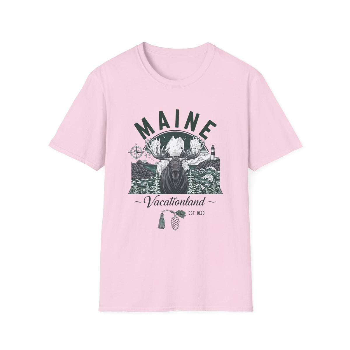 Maine Vacationland Moose T-Shirt — Rustic Coastal State Pride Tee Travel Tourist Graphic Design Unisex 100 Cotton Gildan T-Shirt