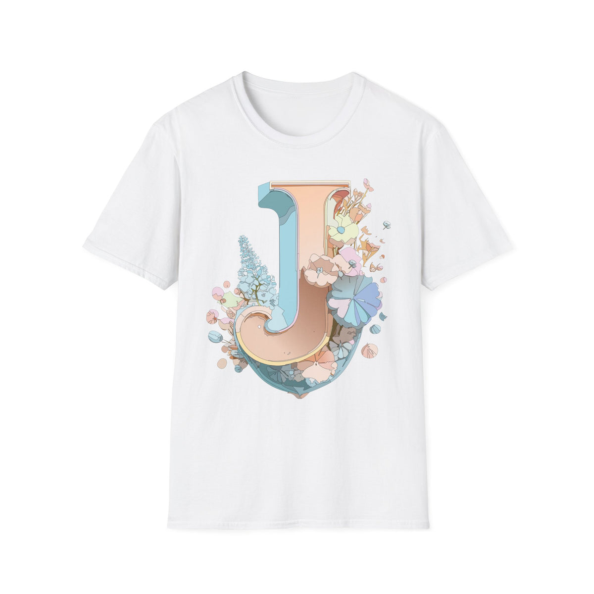 Floral Letter J T-Shirt | Monogram Initial Tee, Pastel Botanical Typography