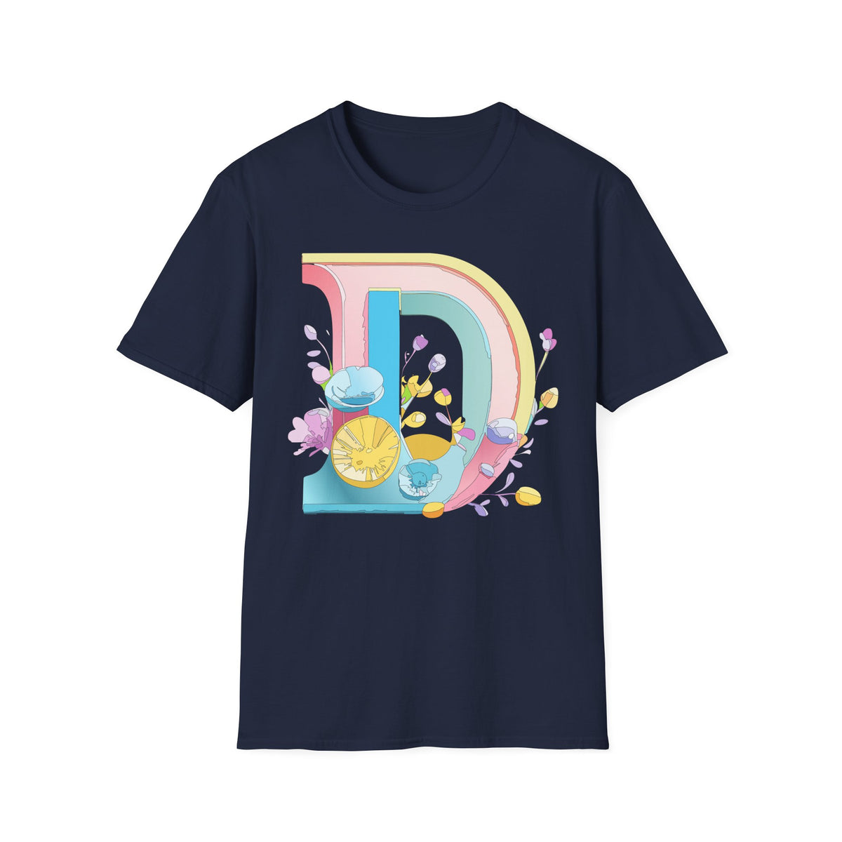 Retro Rainbow Letter D T-Shirt | Floral Lemon Initial Graphic