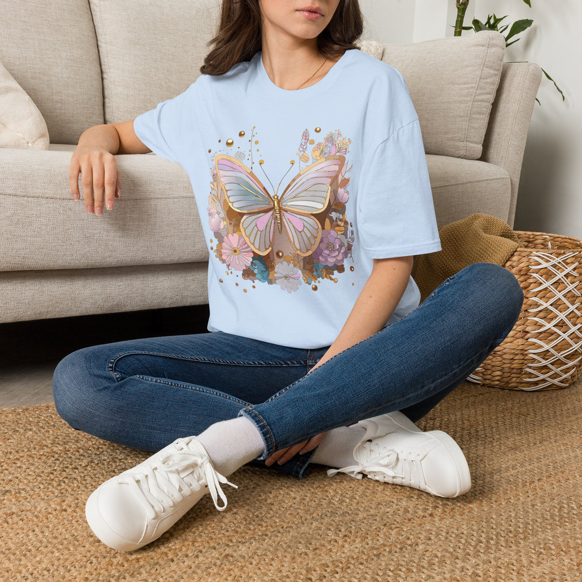 Pastel Butterfly Floral T-Shirt — Gold Accent Butterfly Graphic Design Unisex 100 Cotton Gildan T-Shirt