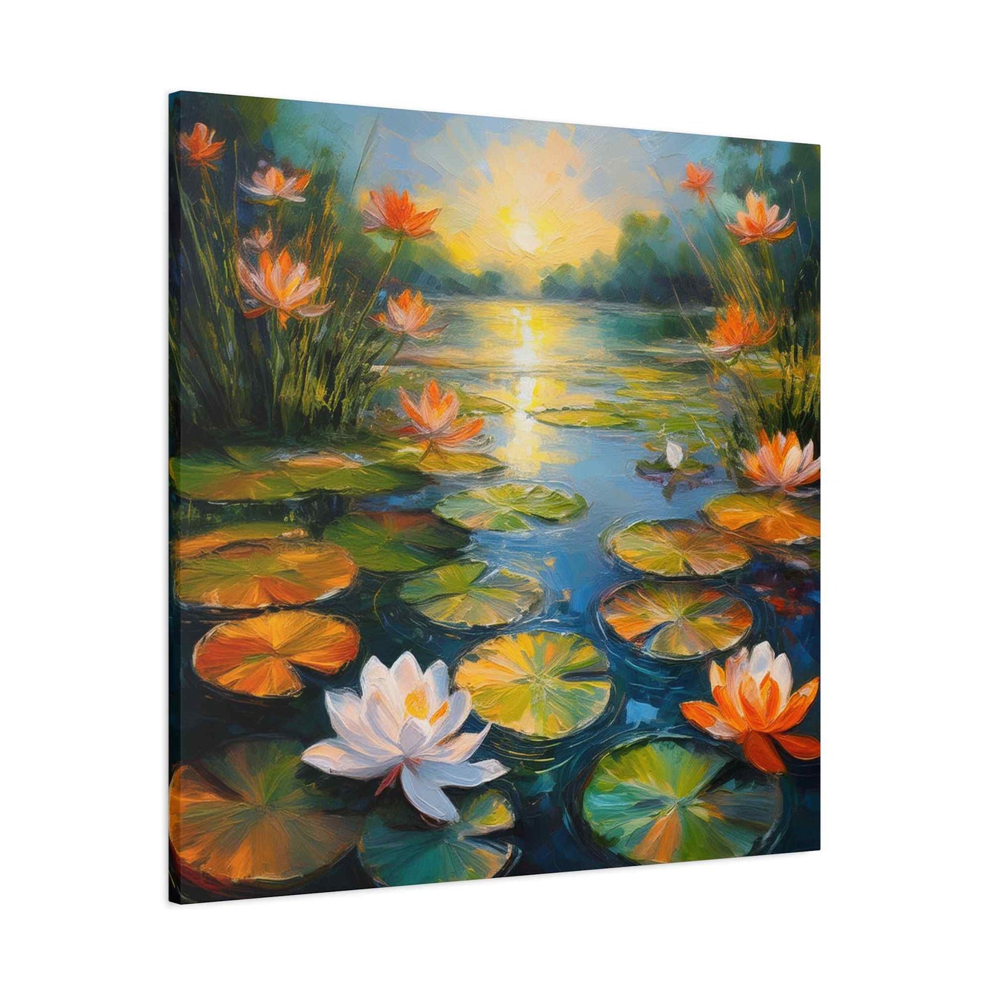 Water Lilies Print Canvas, Oil Paint Print 20x20, 24x24, 30x30, 32x32, 36x36 Art Design Print Pine-Wood Inner Frame MC-63