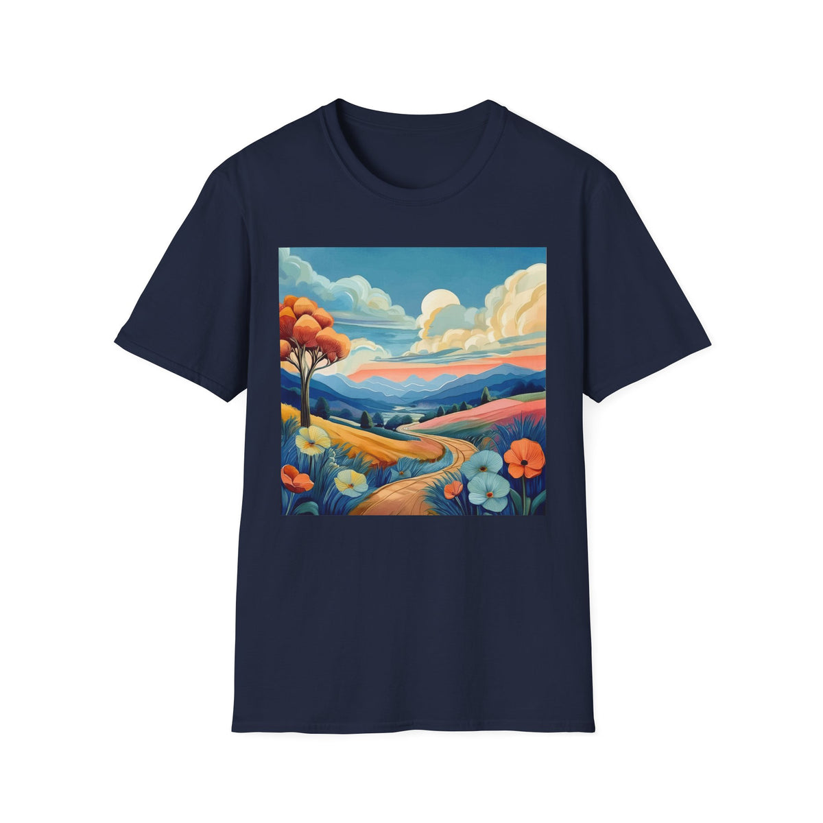 Colorful Mountain Landscape Graphic Posters, Post Stamps Design Unisex 100 Cotton Gildan T-Shirt