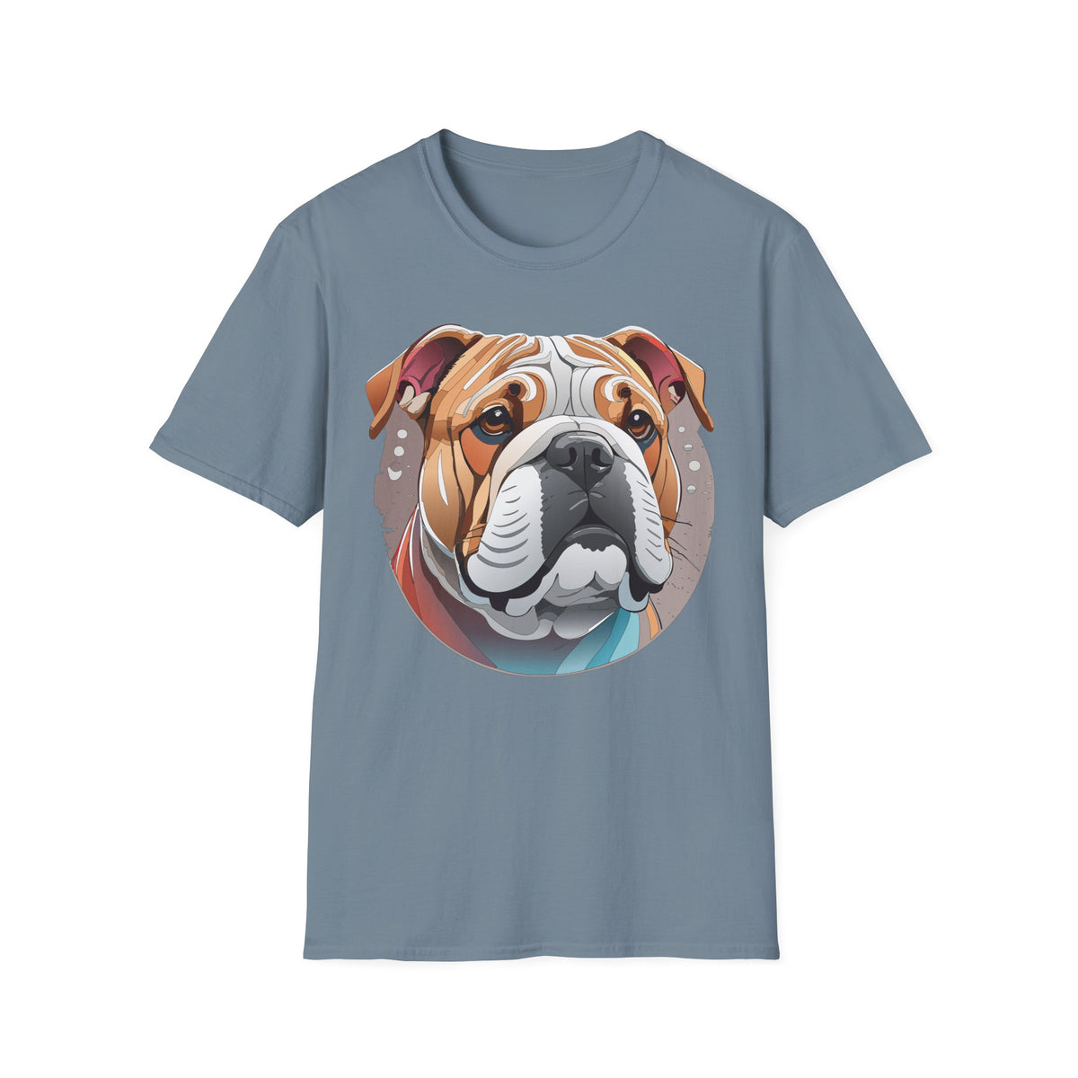 Bulldog Graphic T-Shirt — Colorful English Bulldog Portrait Graphic Design Unisex 100 Cotton Gildan T-Shirt