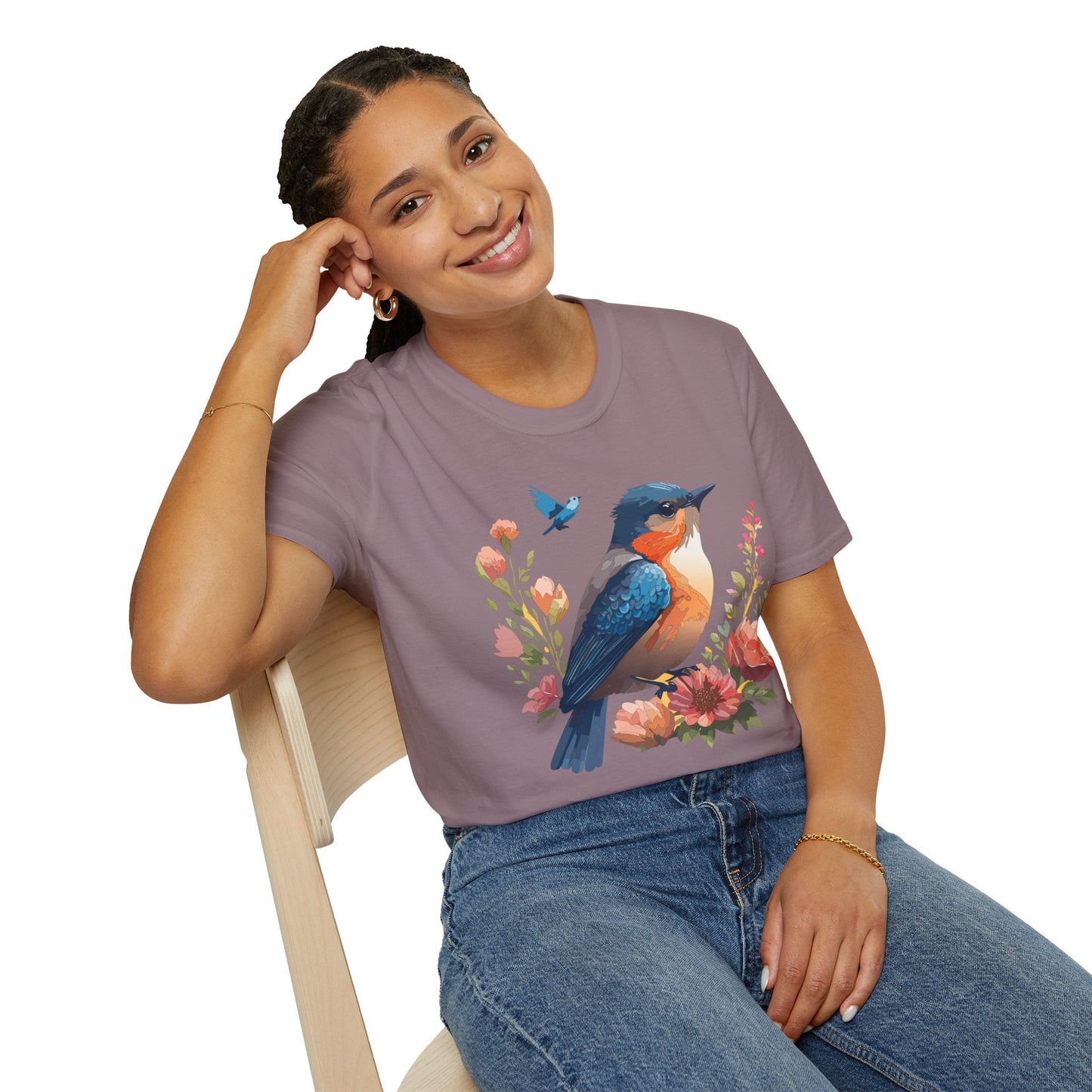 Unisex Floral Bird T Shirt Softstyle 64000 Gildan Ring Spun Cotton Tee Relaxed Fit