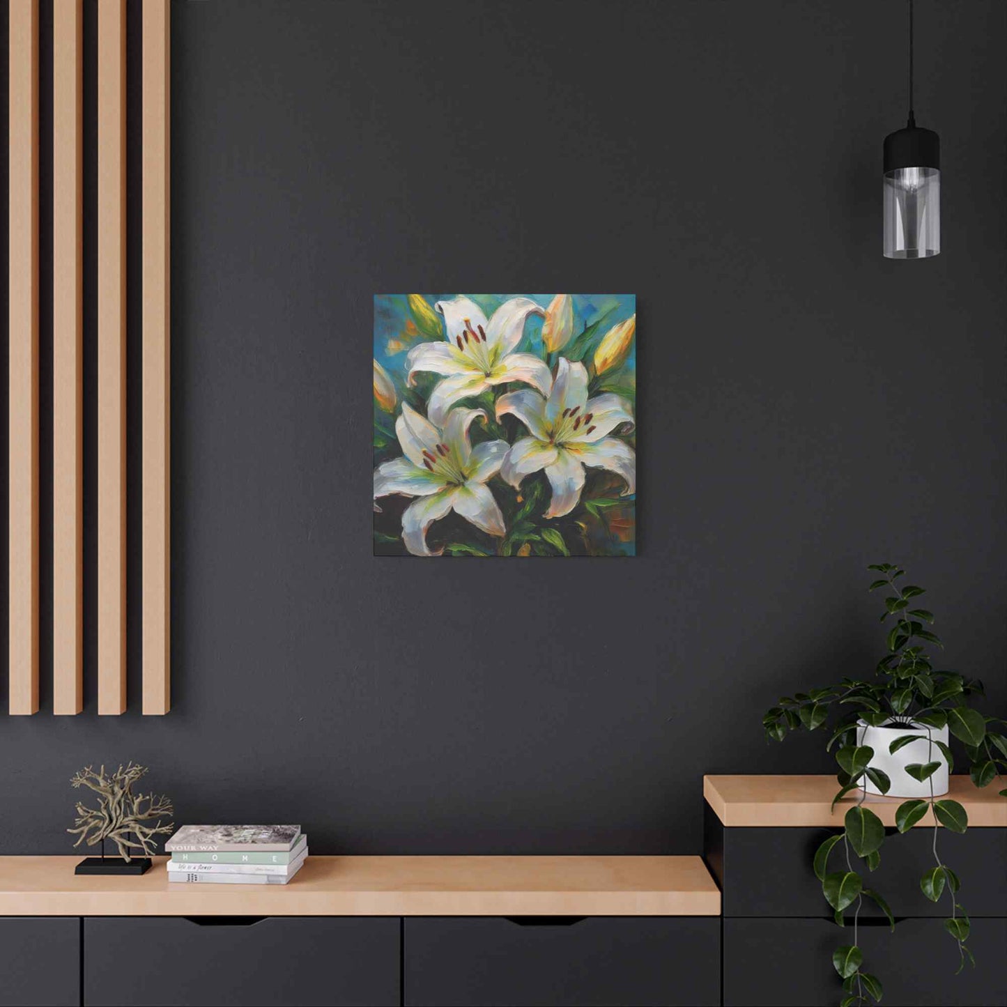 White Lilies Print Canvas, Floral Oil Paint Print 20x20, 24x24, 30x30, 32x32, 36x36 Art Design Pine-Wood Inner Frame MC-154
