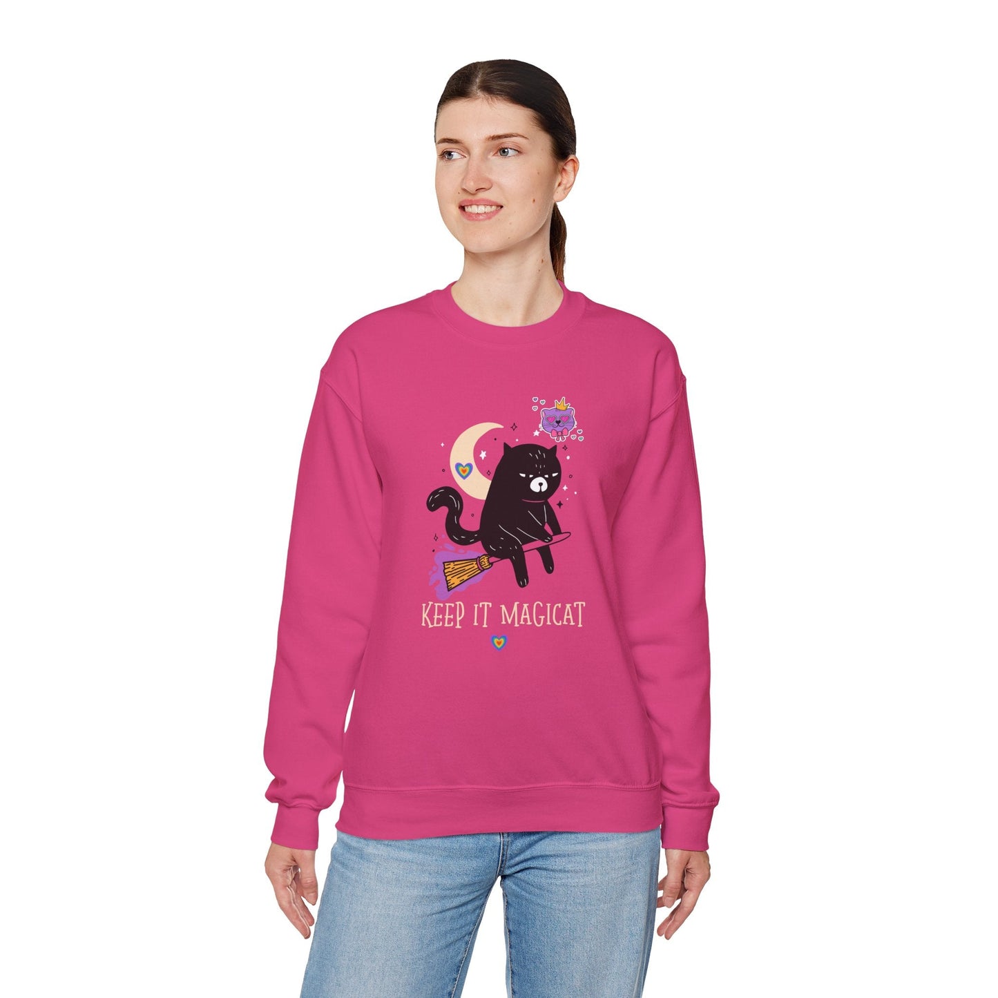 Flying Cat Heart Sweatshirt Unisex Fifty Fifty Cotton Poly Crewneck Gildan 18000 Valentines Day