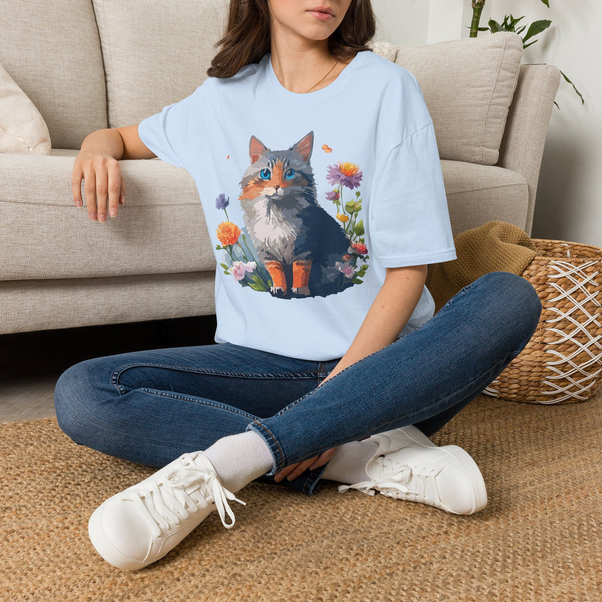 Calico Cat Portrait T-Shirt | Floral Kitten Illustration