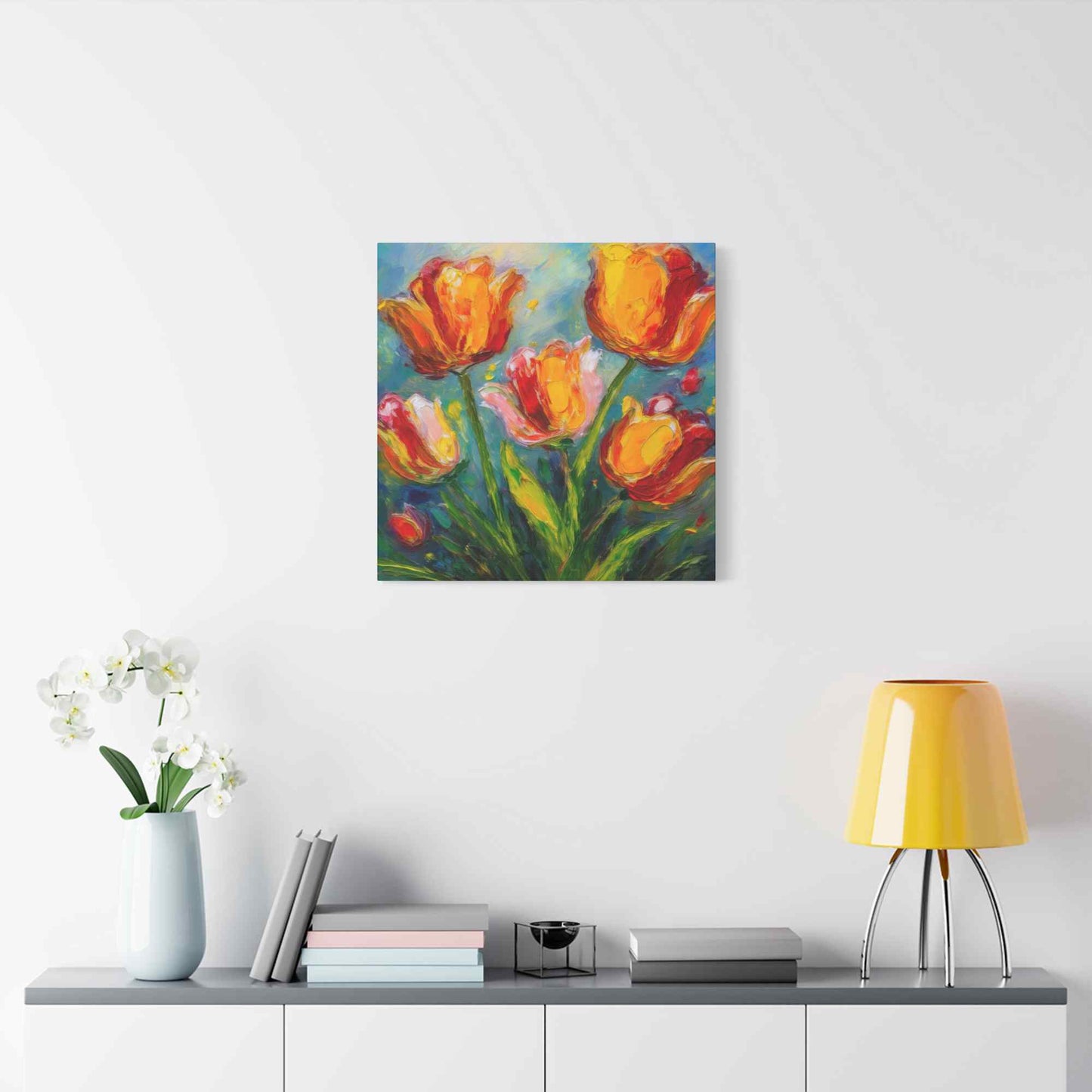 Tulips Print Canvas, Floral Oil Paint Print 20x20, 24x24, 30x30, 32x32, 36x36 Art Design Pine-Wood Inner Frame MC-144