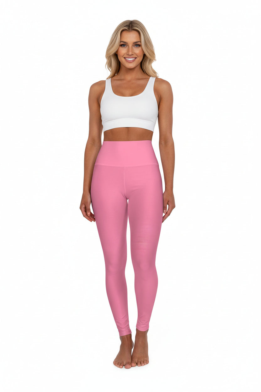 High-Waisted Bubblegum Pink Yoga Leggings Women's Seamless Poly-Span Stretchy Solid Pink Activewear for Pilates Everyday Wear