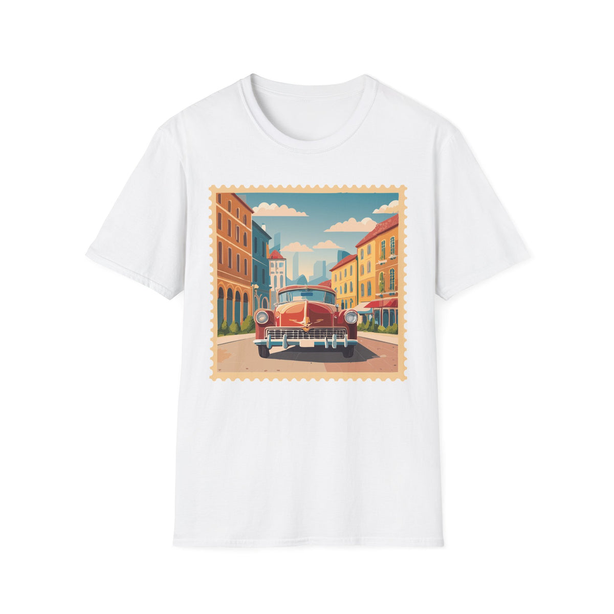 Vintage Cityscape Stamp T-Shirt | Retro Car Street Graphic Tee Unisex 100 Cotton Gildan T-Shirt