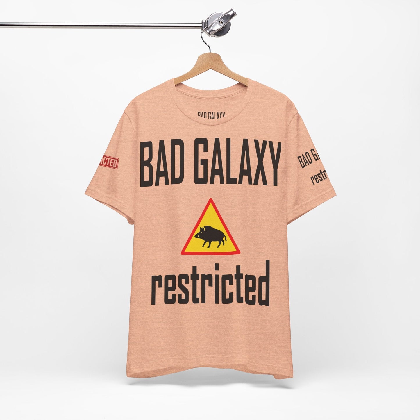 Tee Shirt With Red Stamp Designed And Printed In The USA By Bad Galaxy 100 Percent Cotton