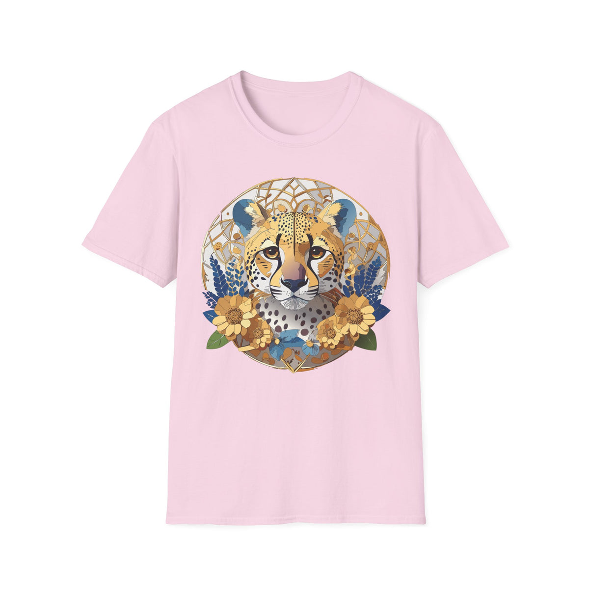 Golden Cheetah Mandala T-Shirt | Floral Boho Animal Illustration