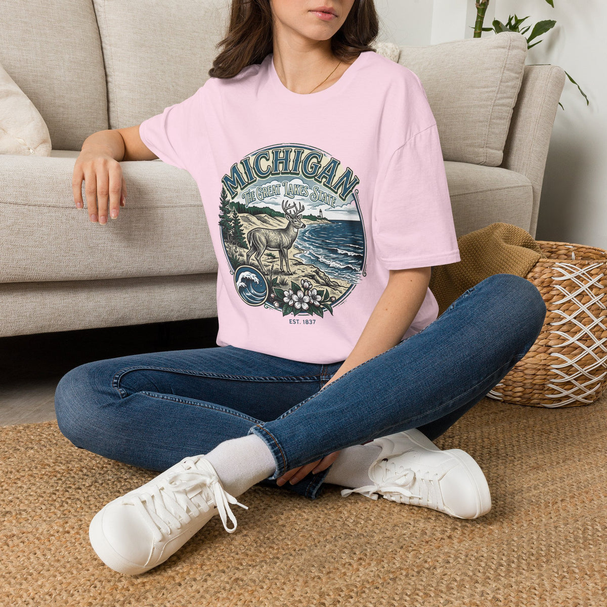 Michigan Deer Scenic T-Shirt — Vintage Great Lakes Travel Tourist Graphic Design Unisex 100 Cotton Gildan T-Shirt