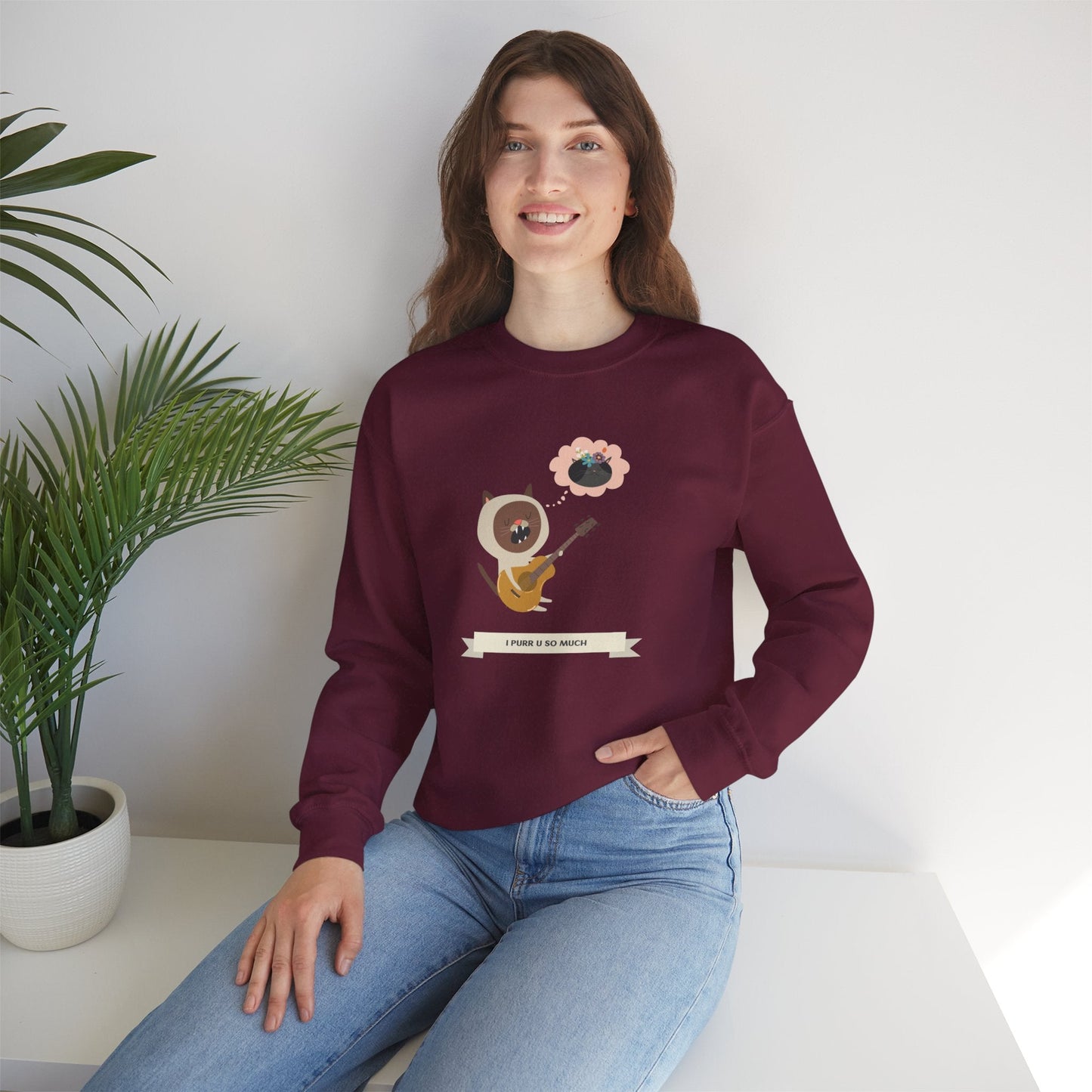 Cat with Guitar Sweatshirt, Love Sweatshirt, Cat Sweatshirt, Valentine's Day Sweatshirt, 50/50 Cotton-Poly Animal Sweatshirt 127